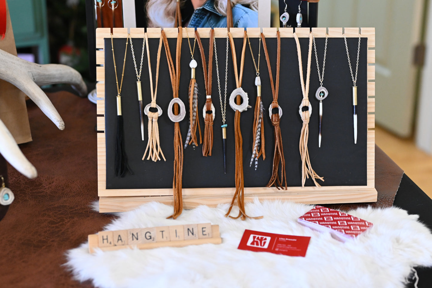Deer Antler Fringe Pendant (Light Leather)
