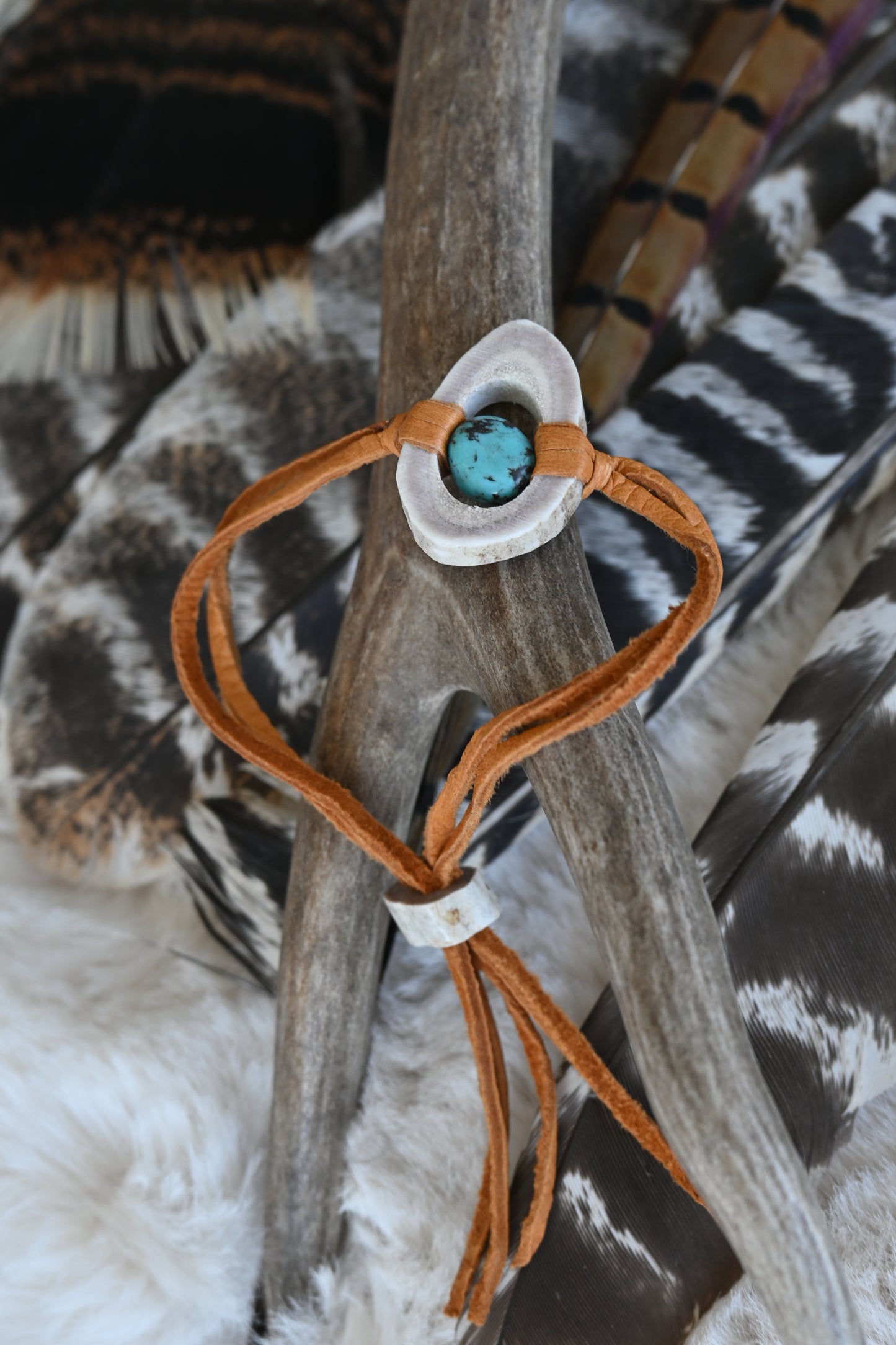 Medium Leather Antler Bracelet with Turquoise Stone